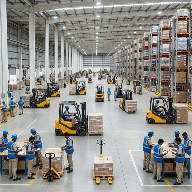 A massively hyper-realistic, high-end photography shot of an immense trade-testing facility representing the absolute pinnacle of Indian manpower recruitment.